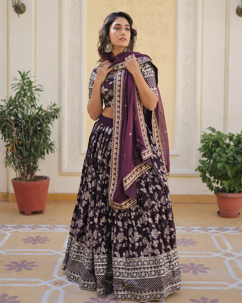 Wine Color Pure Viscose Jacquard Lehenga Choli