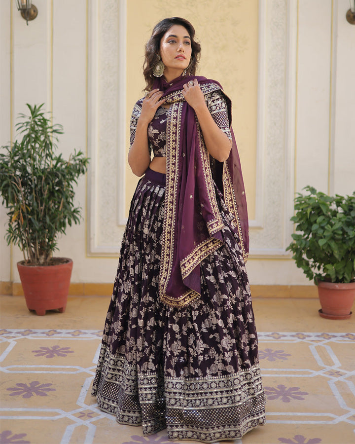 Wine Color Pure Viscose Jacquard Lehenga Choli