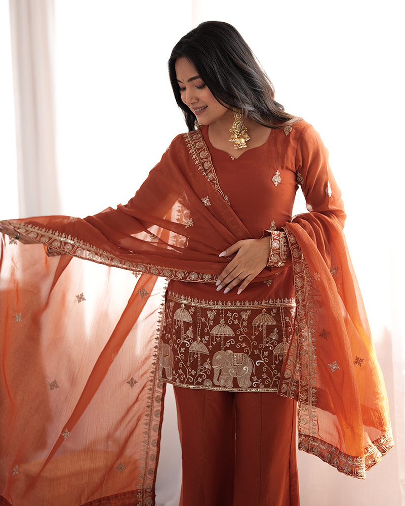 Rust Orange Color Crunchy Silk Embroidered Plazzo Suit