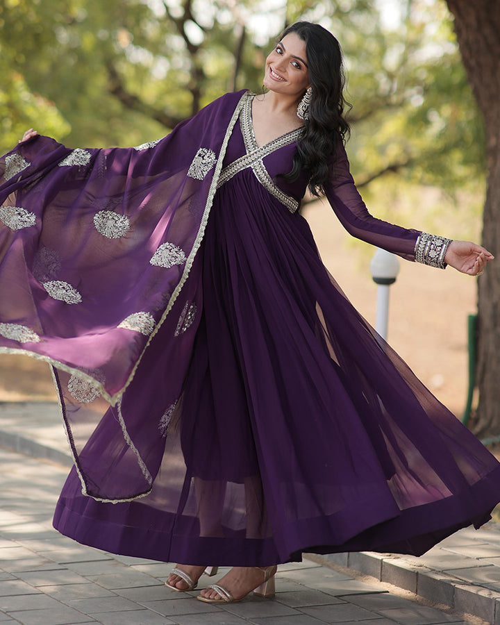 Wine Color Faux Blooming Embroidered Alia Cut Gown With Dupatta