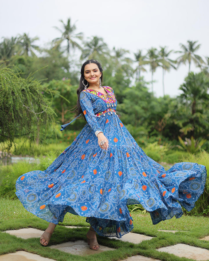 Navratri Special Blue Color Faux Georgette Bandhani Print Gown