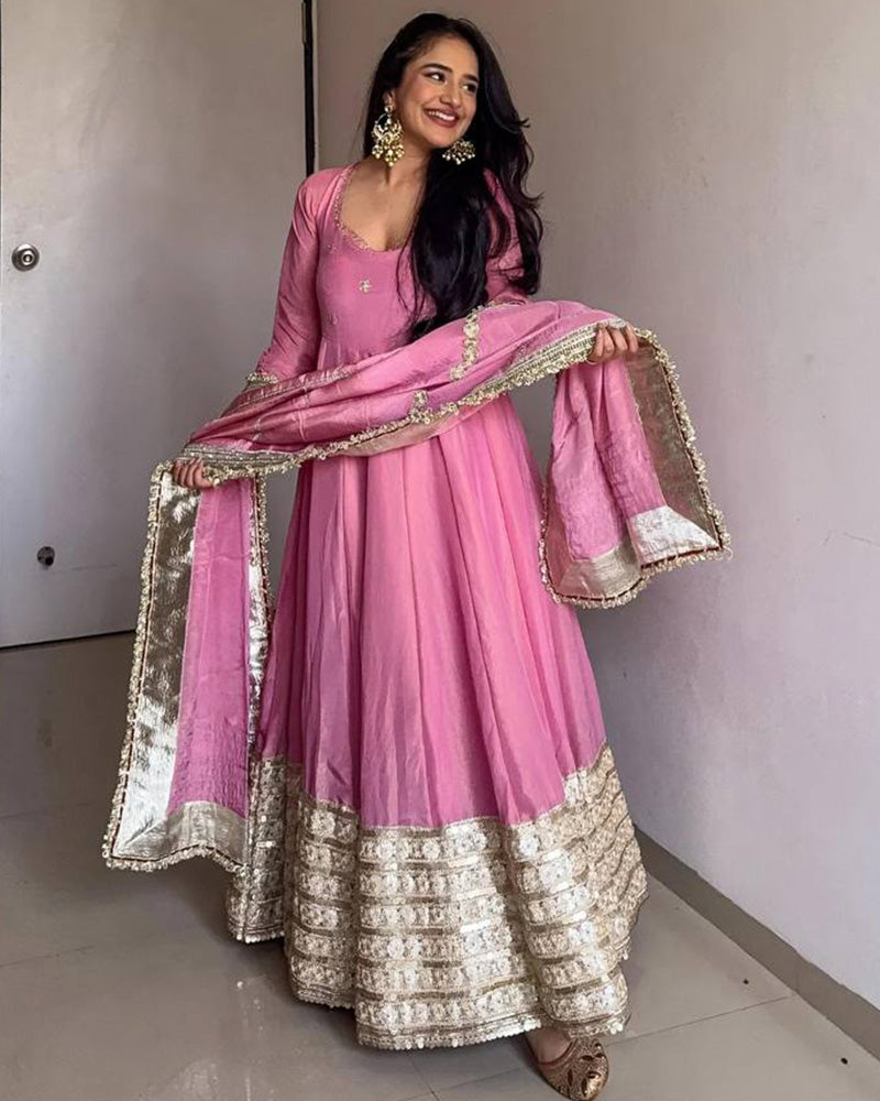 Baby Pink Color Pure Chinon Silk Embroidered Anarkali Suit