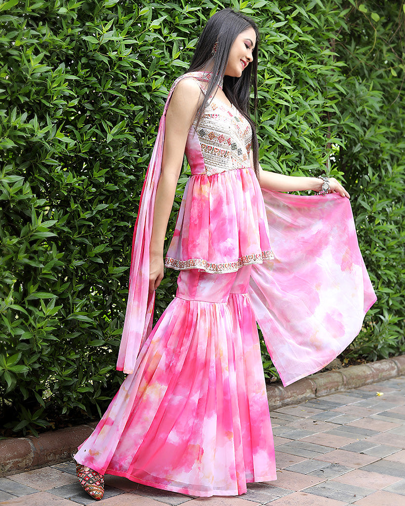 Baby Pink Color Faux Georgette Three Piece Sharara Suit