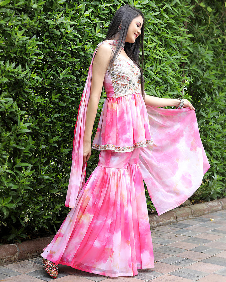 Baby Pink Color Faux Georgette Three Piece Sharara Suit