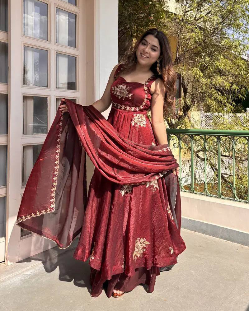 Maroon Color Fendi Satin Zari Sequence Party Gown