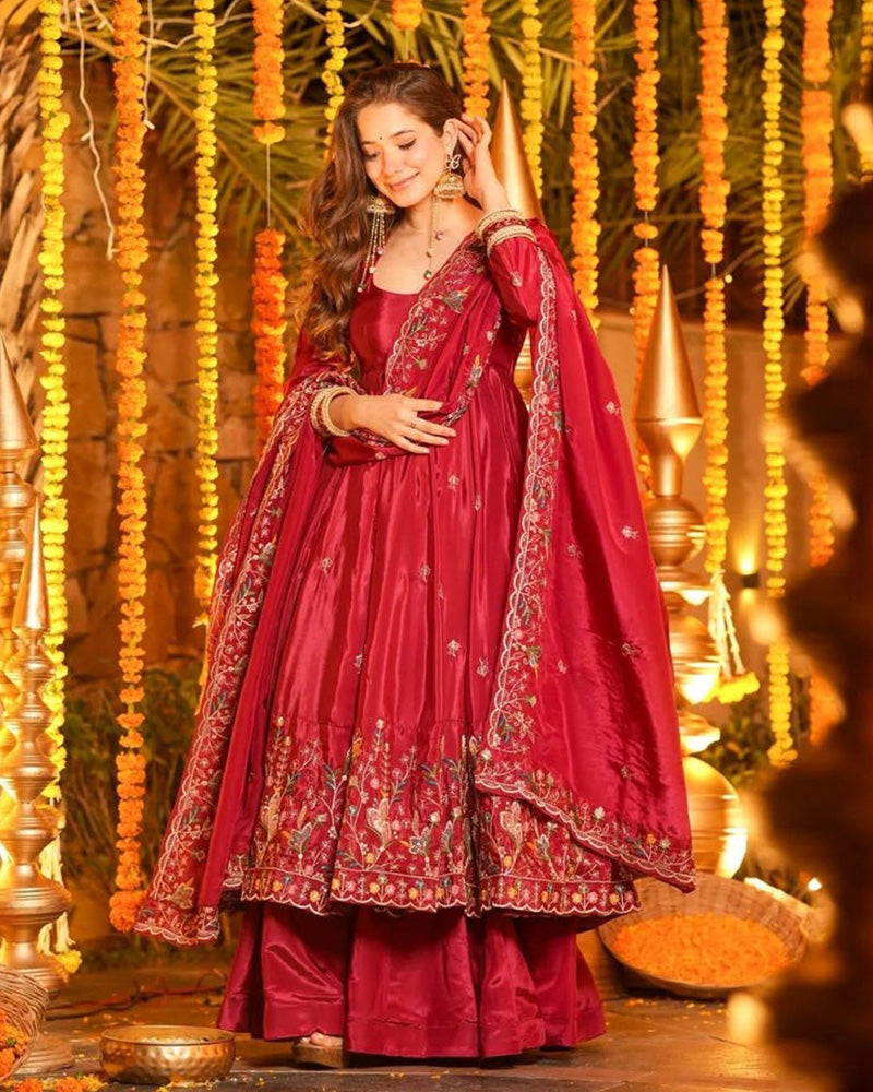 Red Color Crunchy Silk Embroidered Sharara Suit