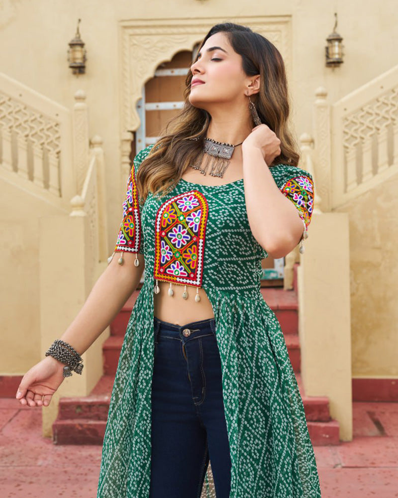 Green Festival Wear Faux Georgette Kutchi Work Kurti
