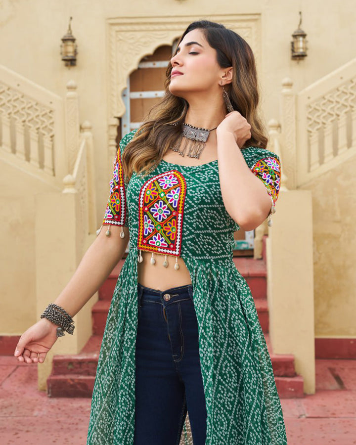 Green Festival Wear Faux Georgette Kutchi Work Kurti