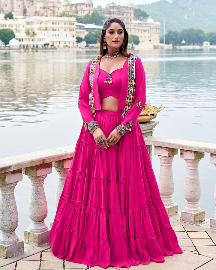 Pink Color Pure Rayon Ruffle Style Navratri Lehenga Choli