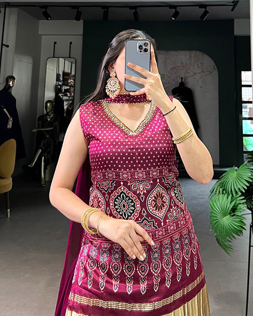 Designer Maroon Color Gaji Silk Three Piece Plazzo Suit
