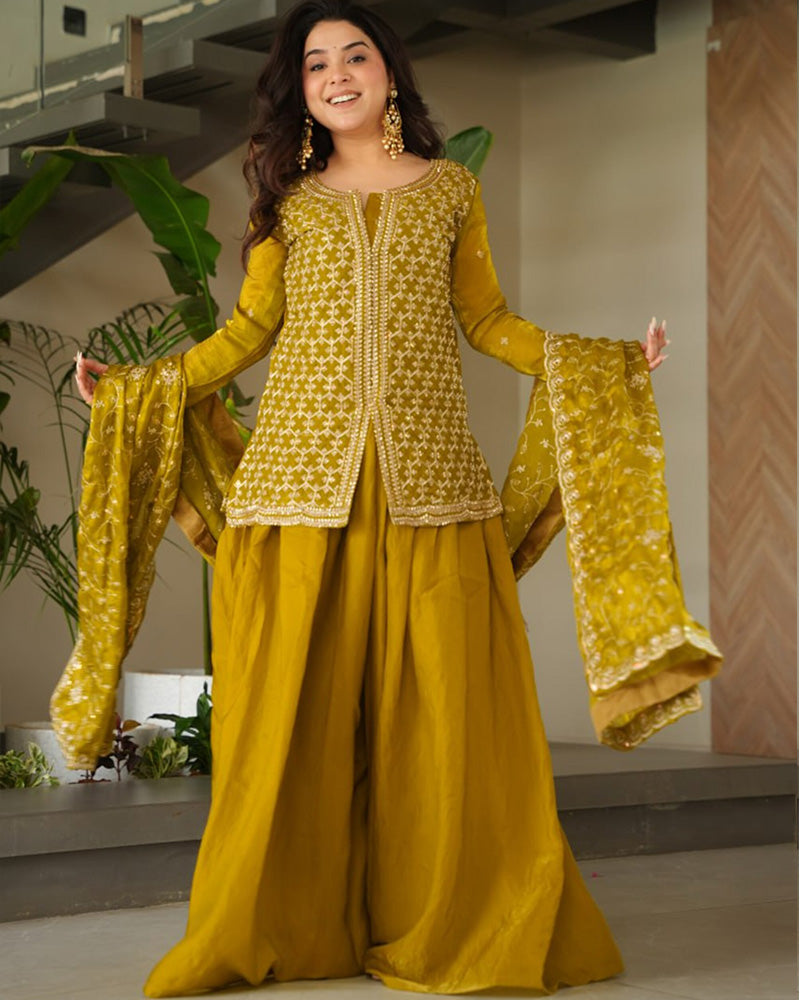 Elegant Mustard Embroidered Sharara Set with Dupatta