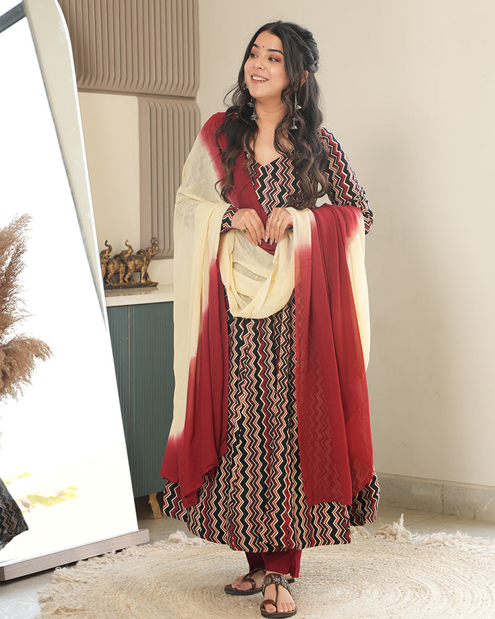 Designer Black Color Cotton Laheriya Printed Anarkali Suit