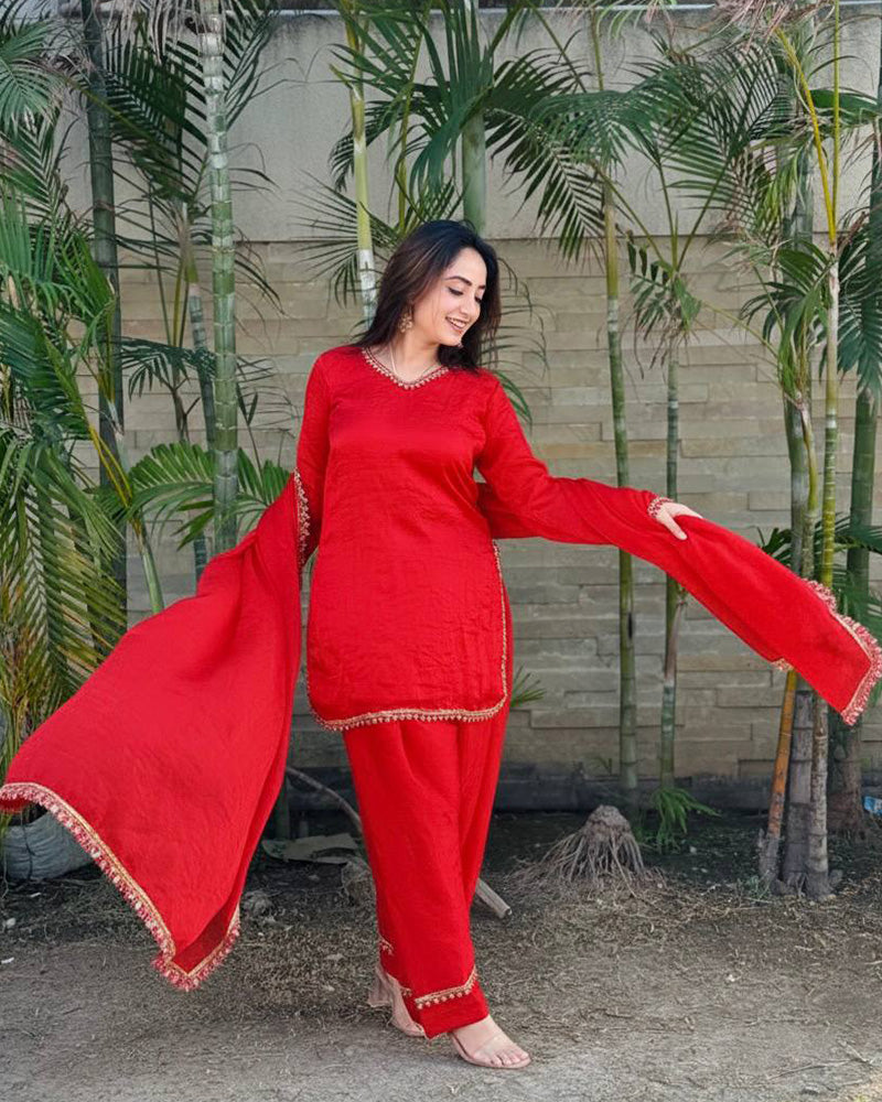 Red Color Fendi Satin Silk Farshi Salwar Suit