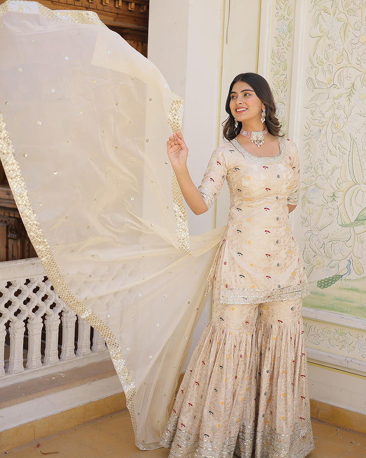 Off-White Color Viscose Jacquard Embroidered Gharara Suit
