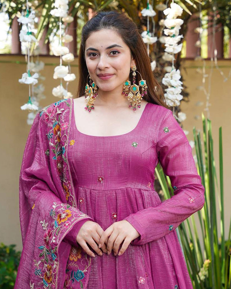 Onion Color Crunchy Silk Embroidered Sharara Suit