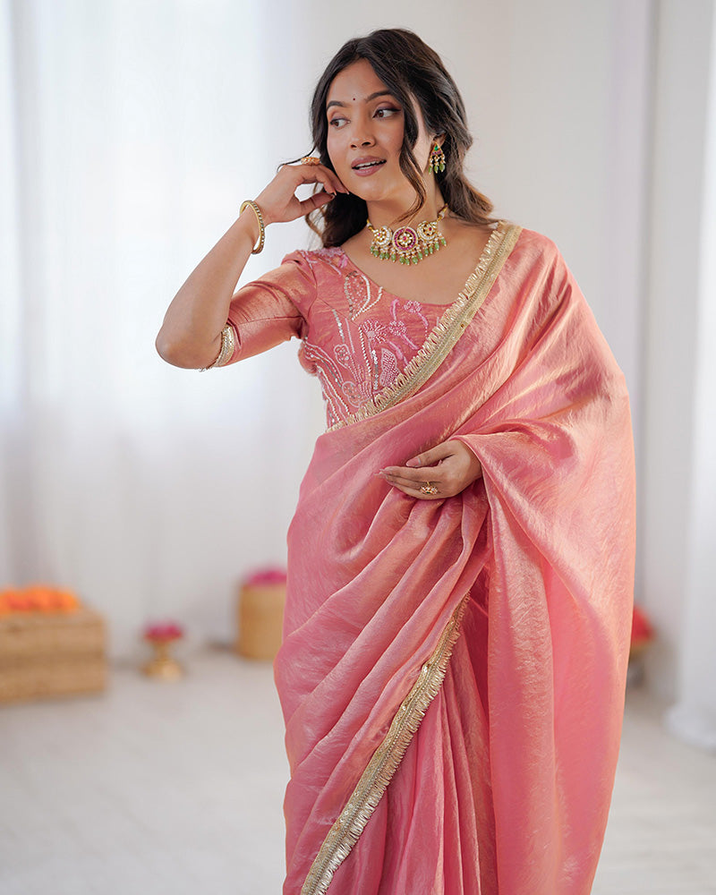 Baby Pink Color Fendi Silk Pre Draped Saree