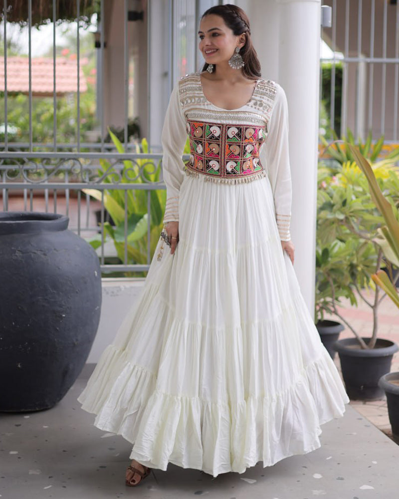 Three Color Rayon with Kutchi  Gamthi Work Navratri Gown