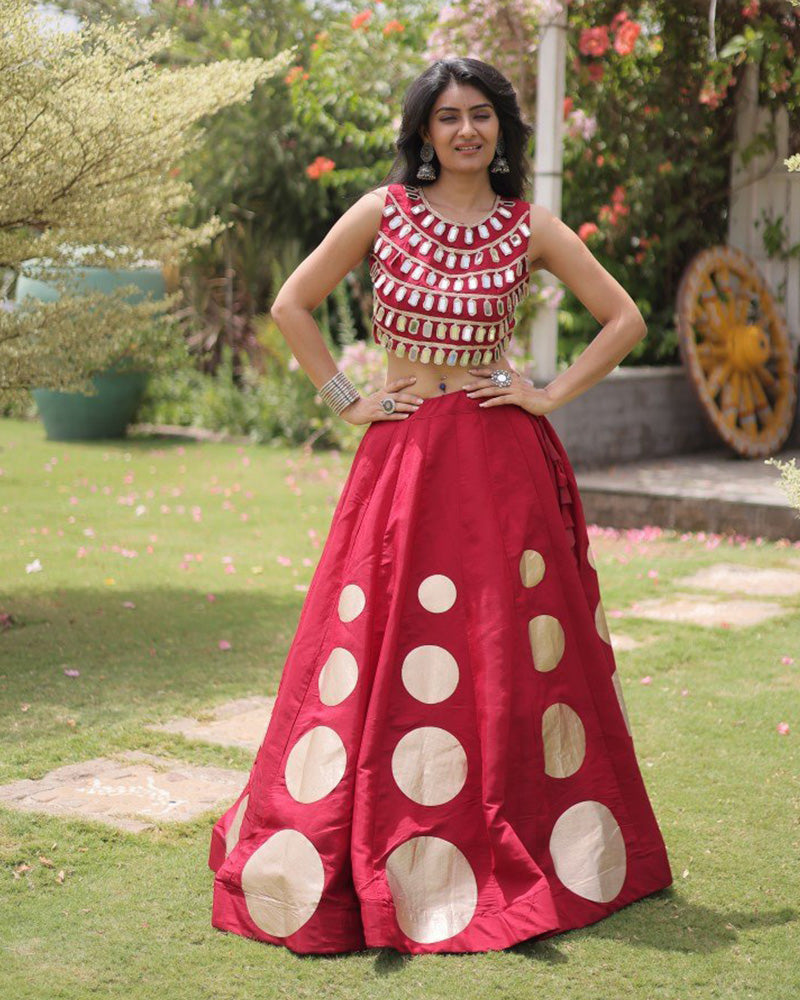 Traditional Maroon Roman Silk Navratri Wear Lehenga Choli