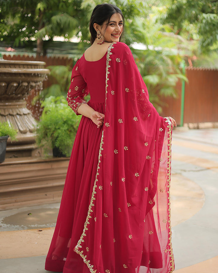 Designer Rani Pink Color Anarkali Gown With Embroidery Dupatta