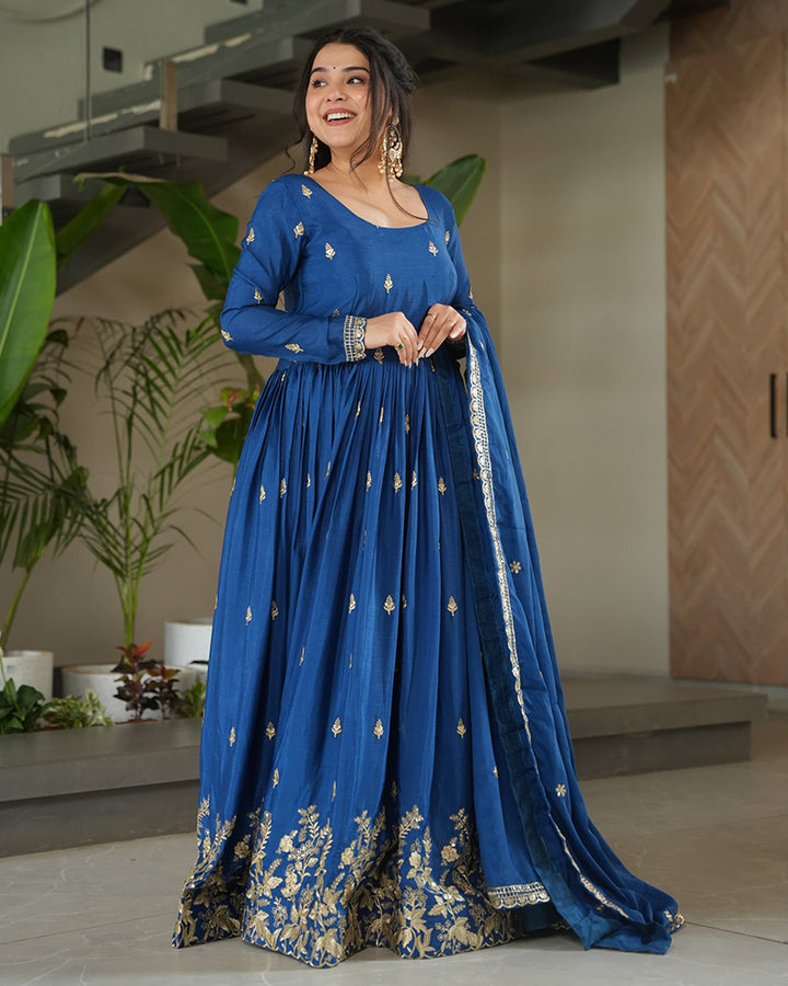 Beautiful Rama Color Chinnon Gown With Embroidered Dupatta