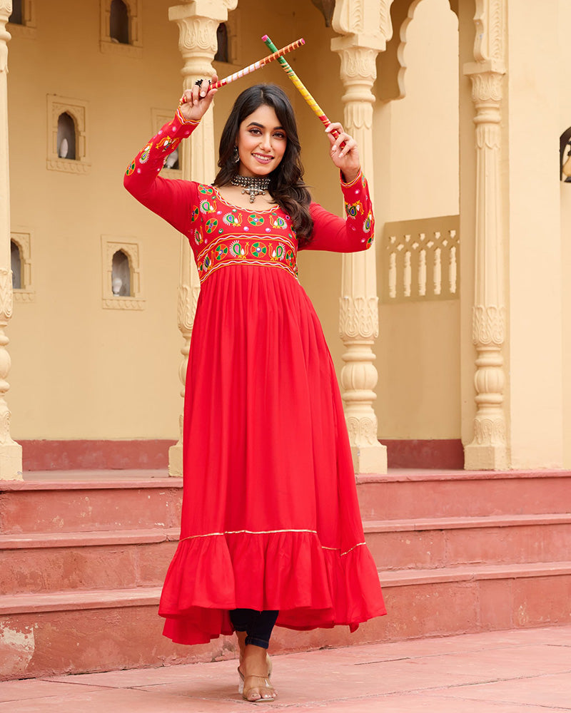 Vibrant Red Flared Rayon Kurti With Gamthi Work