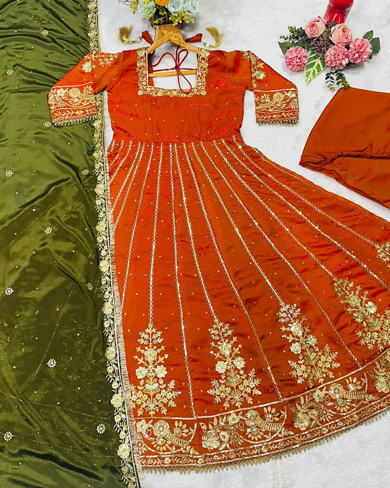 Orange Color Fandy Satin Embroidered Three Piece Anarkali Suit