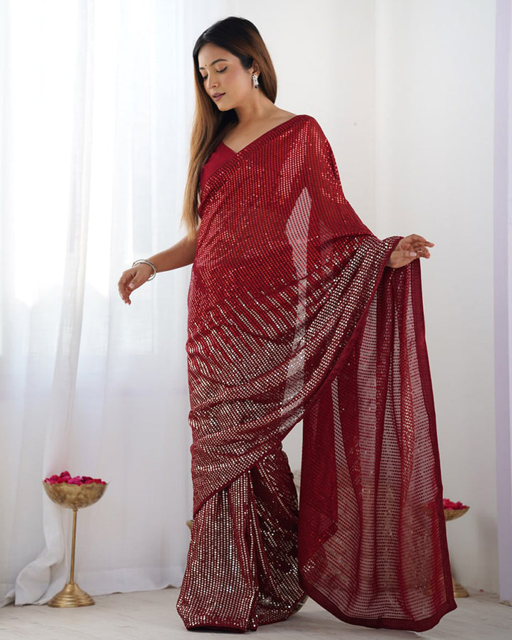 Red Color Heavy Georgette Sequence Embroidered Saree
