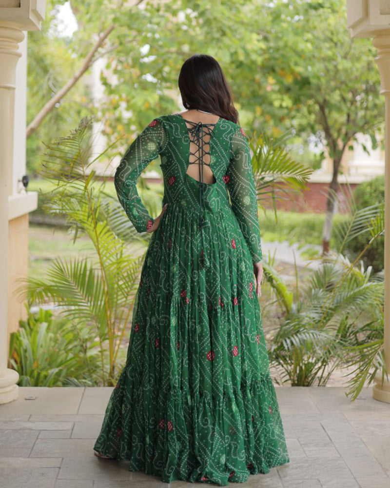 Green Color Bandhani Print Faux Georgette Navratri Gown