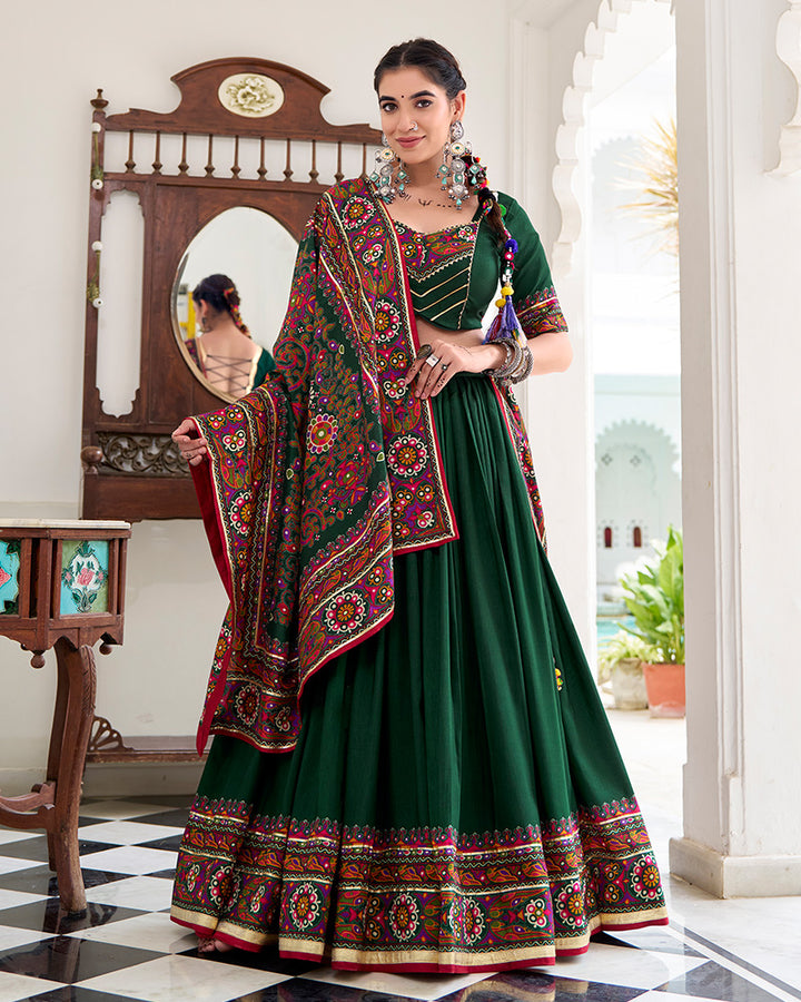Green Color Tasar Silk Gamthi Printed Navratri Lehenga Choli