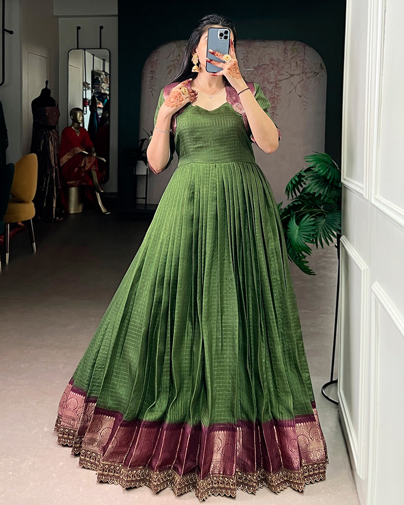 Mehndi Color Dola Chex Zari Weaving Gown