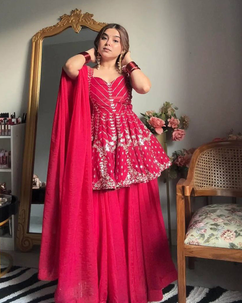 Rani Pink Color Faux Blooming Plazzo Suit