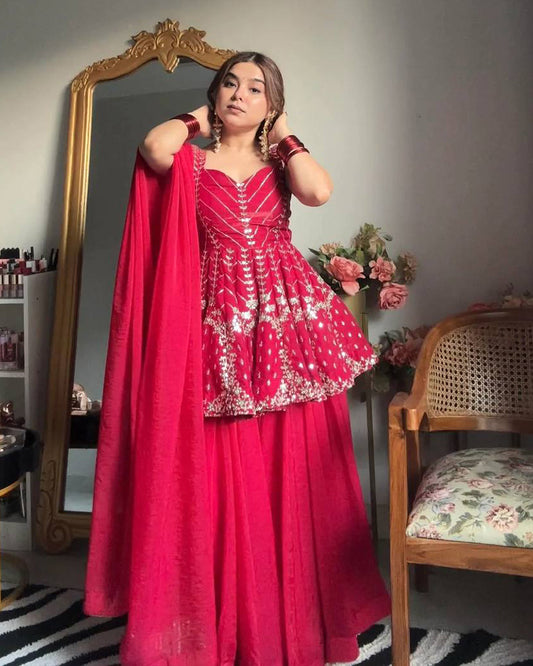 Rani Pink Color Faux Blooming Plazzo Suit