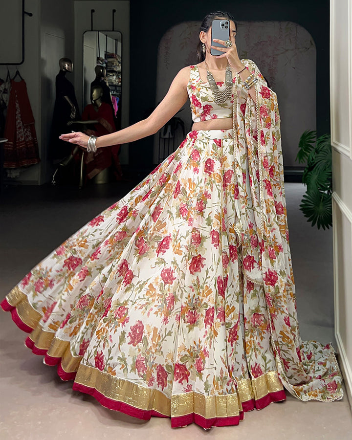 White Color Chiffon Floral And Foil Printed Lehenga Choli
