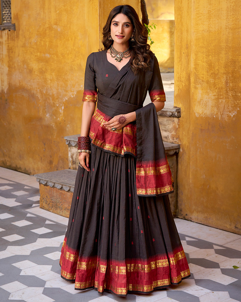 Traditional Black Color Chanderi Half Saree With Zari Detailing