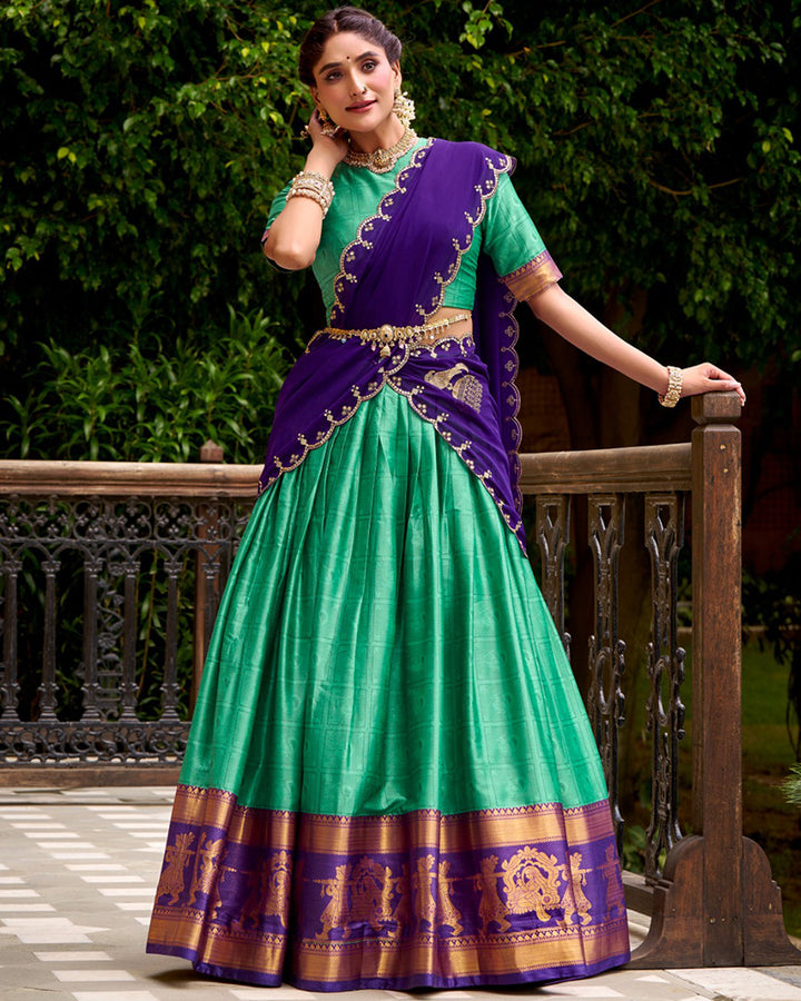 Bottle Green Color Poly Cotton Zari Weaving Half Saree
