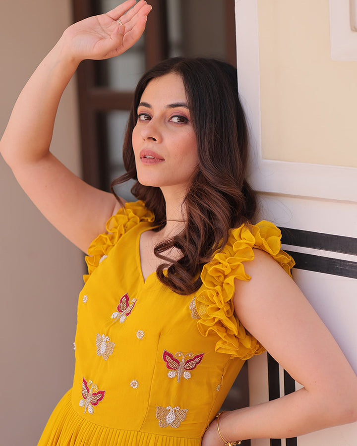 Designer Yellow Color Faux Blooming Embroidered work Gown