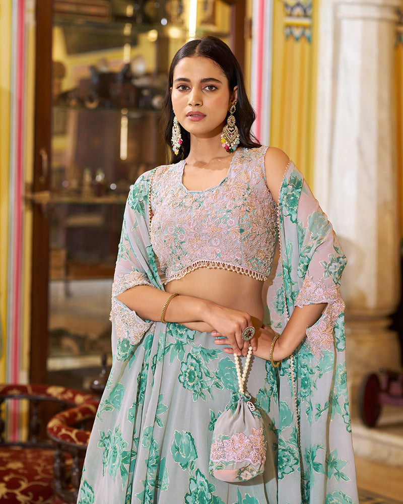 Green Color Georgette Embroidered Lehenga Choli