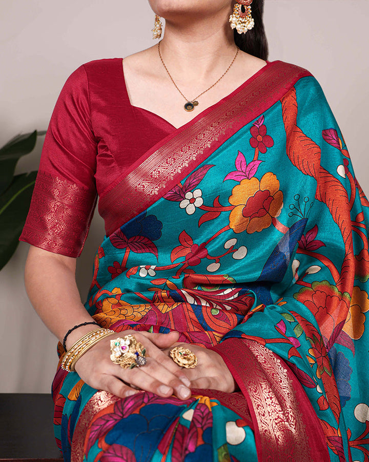 Firozi Color Tasar Silk Ethnic Printed Saree