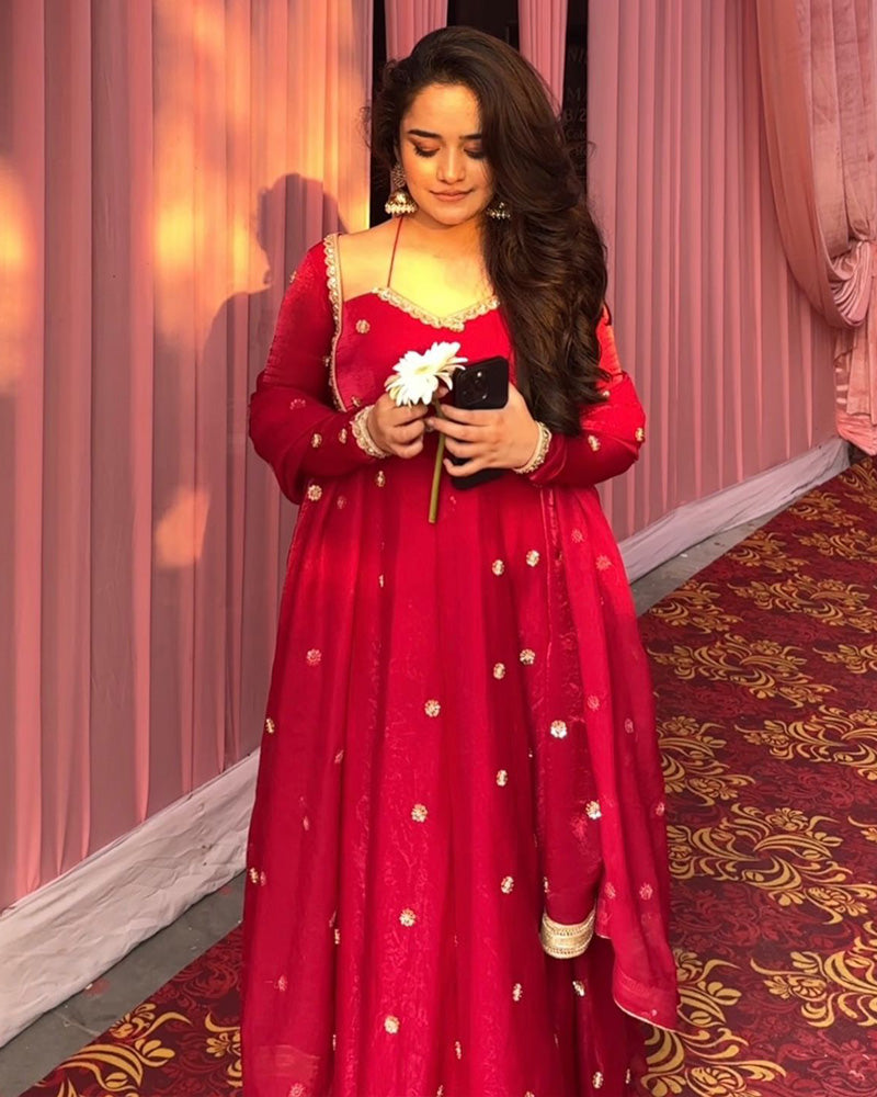 Red Color Fendi Silk Sequence Embroidered Anarkali Suit