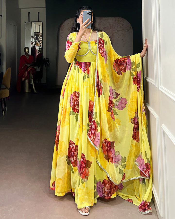 Yellow Color All Over Floral Printed Chiffon Gown