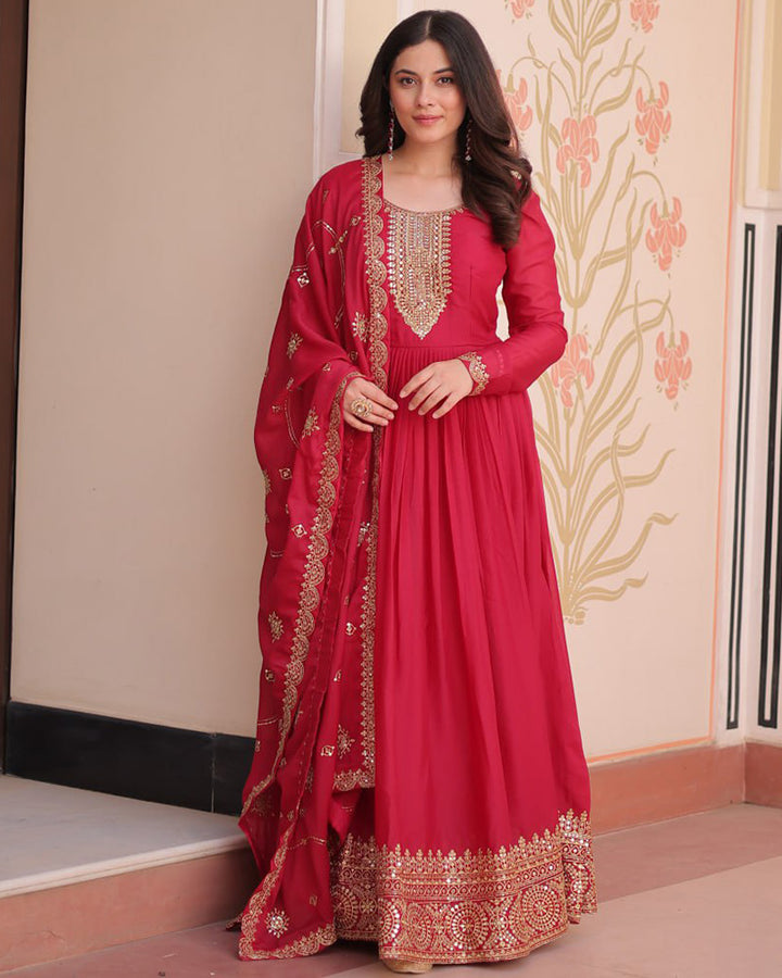 Designer Rani Pink Color Star Georgette Embroidered Gown