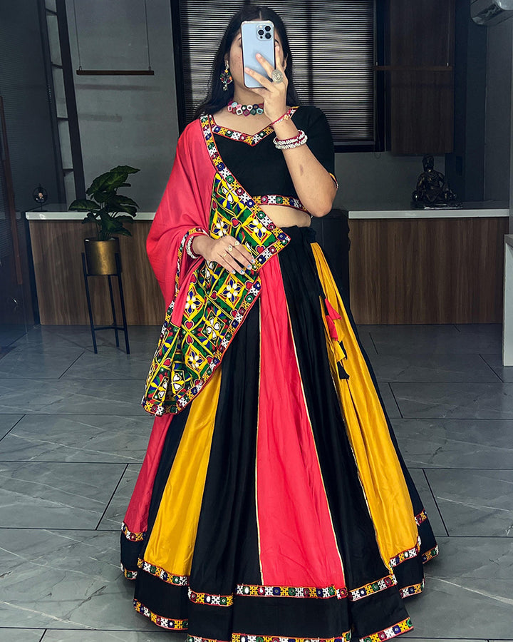 Black Color Designer Pure Rayon Cotton Gamthi Work Navratri Lehenga Choli