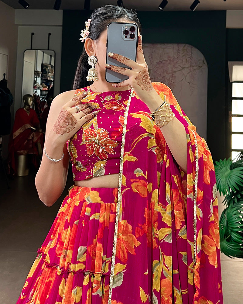 Pink Color Marble Floral Printed Lehenga Choli