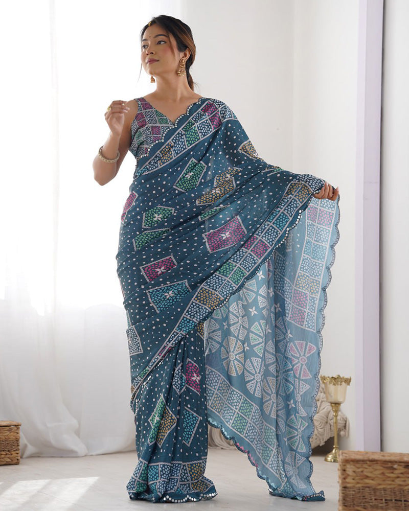 Navy Blue Color Chinnon Silk Printed Saree