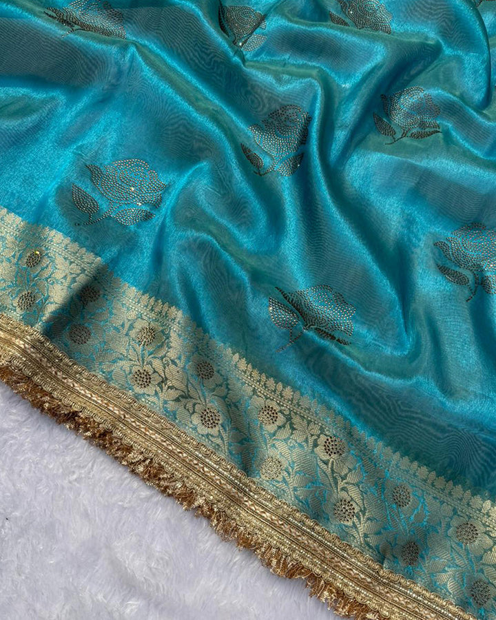 Premium Firozi Color Organza Tissue Silk Saree
