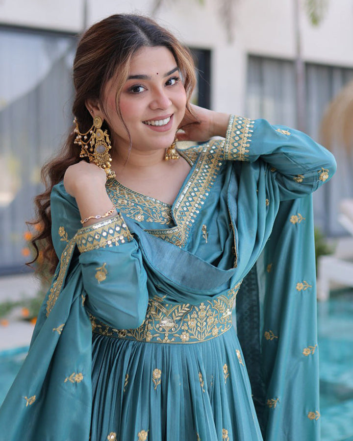 Dusty Teal Color Super Silk Embroidered Sharara Suit
