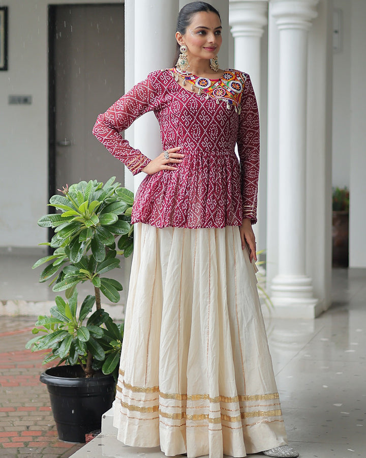 Peplum Style Maroon Bandhej Choli With Cotton Lehenga