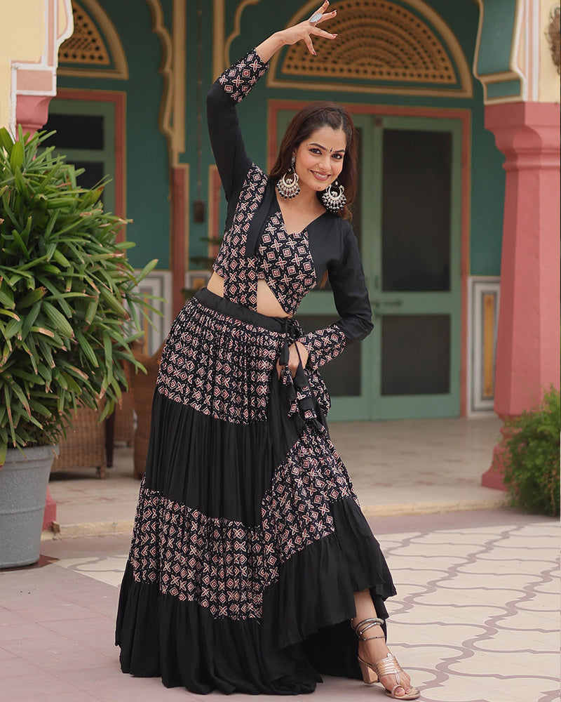 Navratri Wear Black Color Rayon Printed Lehenga Choli