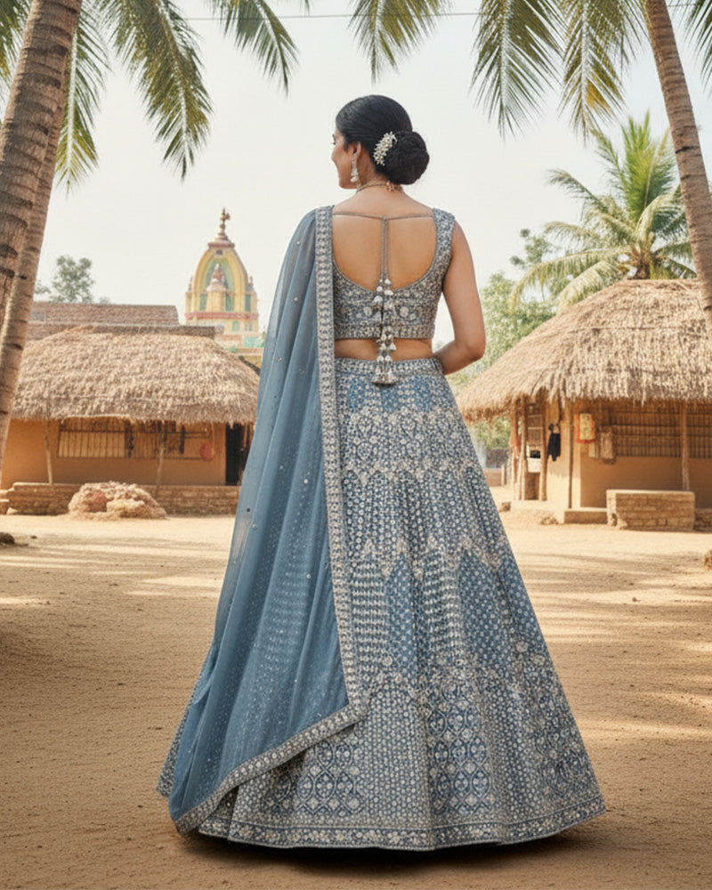 Wedding Wear Sky Blue Color Georgette Embroidered Lehenga Choli
