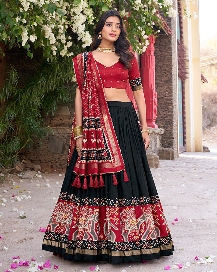 Designer Patola Printed Black Color Tussar Silk Lehenga Choli